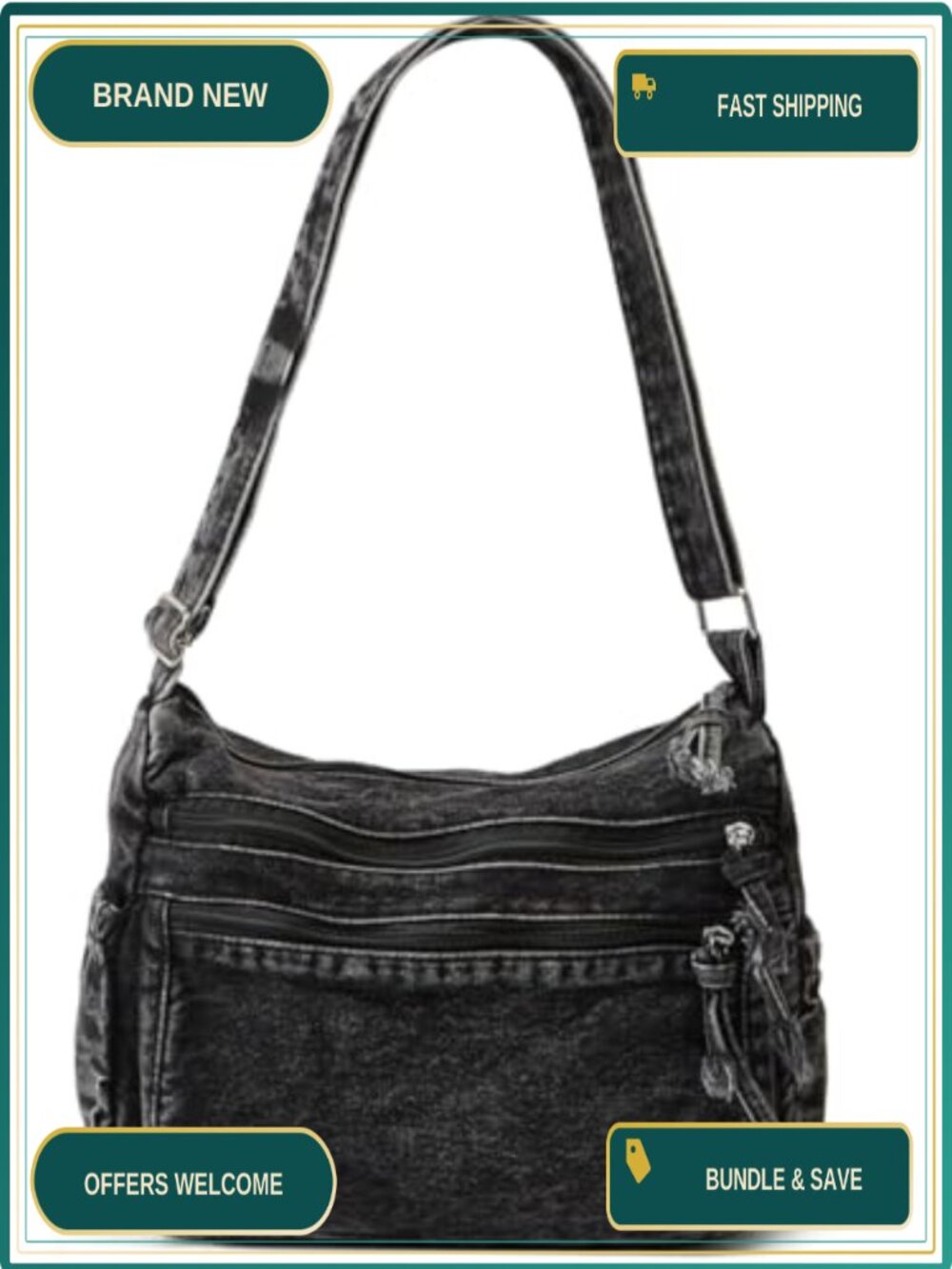 Retro Large Canvas Denim Shoulder Bag Crossbody Tote Purse Lightweight